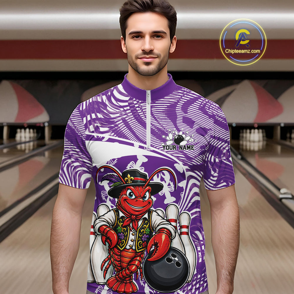 Front view of a male model in a bowling alley wearing a purple custom quarter-zip bowling shirt with a funny Cajun crawfish leaning on a bowling ball and a swamp-inspired texture background.