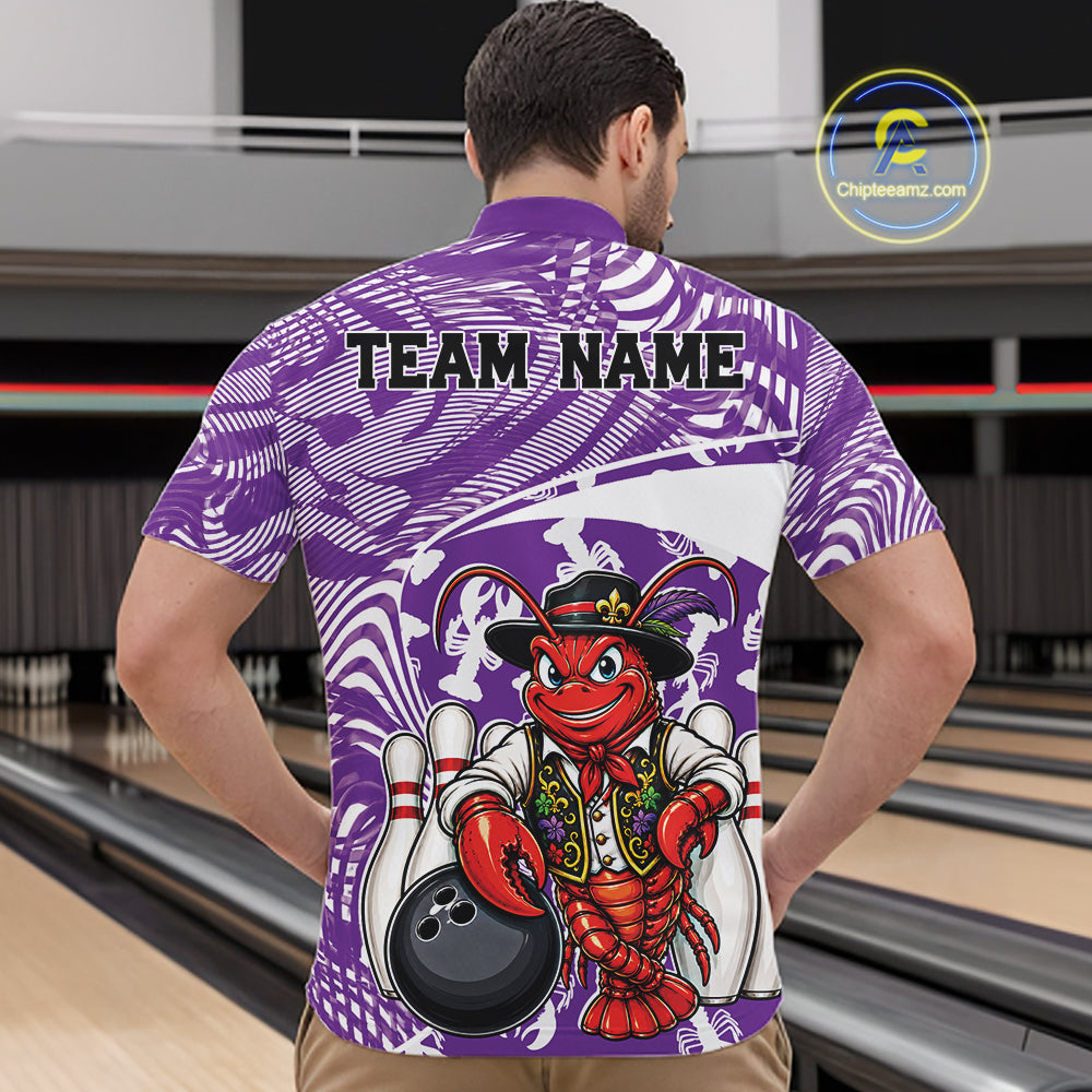 Back view of a male model in a bowling alley wearing a purple custom quarter-zip bowling shirt with a funny Cajun crawfish leaning on a bowling ball and a swamp-inspired texture background.