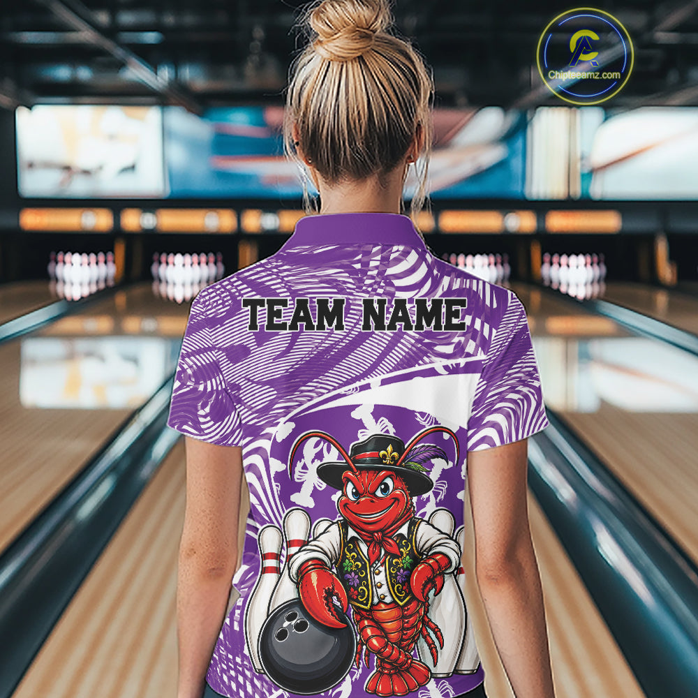 Back view of a female model in a bowling alley wearing a purple custom quarter-zip bowling shirt with a funny Cajun crawfish leaning on a bowling ball and a swamp-inspired texture background.