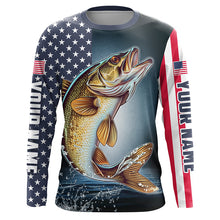 Load image into Gallery viewer, Personalized American Flag Walleye Long Sleeve Fishing Shirts, Patriotic Walleye Fishing Jerseys IPHW6878