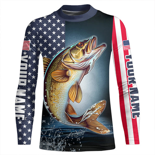 Personalized American Flag Walleye Long Sleeve Fishing Shirts, Patriotic Walleye Fishing Jerseys IPHW6878