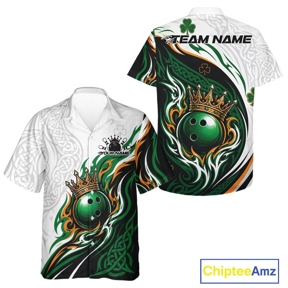 Front and back views of a short-sleeve button-up bowling shirt on a white background. The shirt features a white base with green and black flame-like swirls, a green bowling ball graphic with a gold crown, shamrock motifs, and customizable text areas 