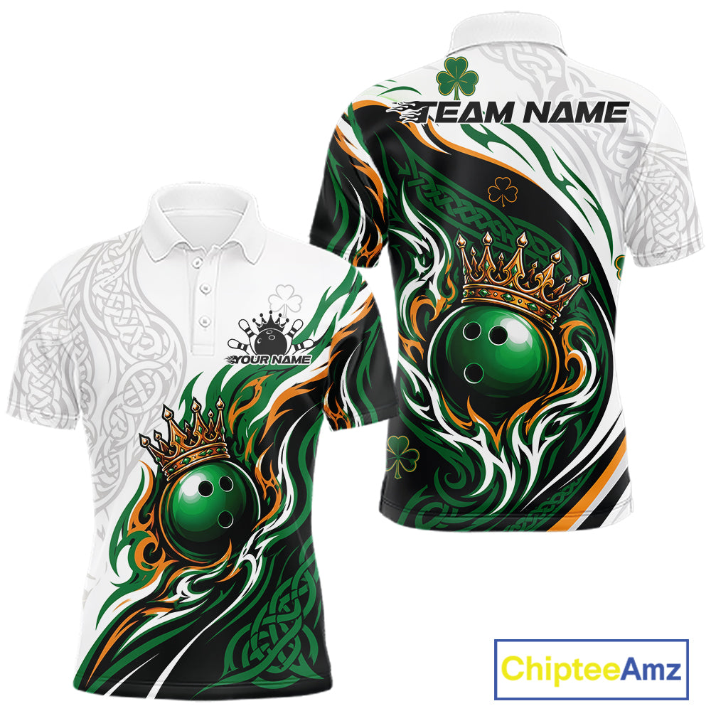 Front and back views of a womens  short-sleeve polo shirt with a St. Patrick's Day bowling theme.