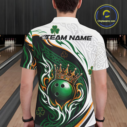A person viewed from behind wearing a short-sleeve bowling shirt with a large St. Patrick's Day themed graphic.