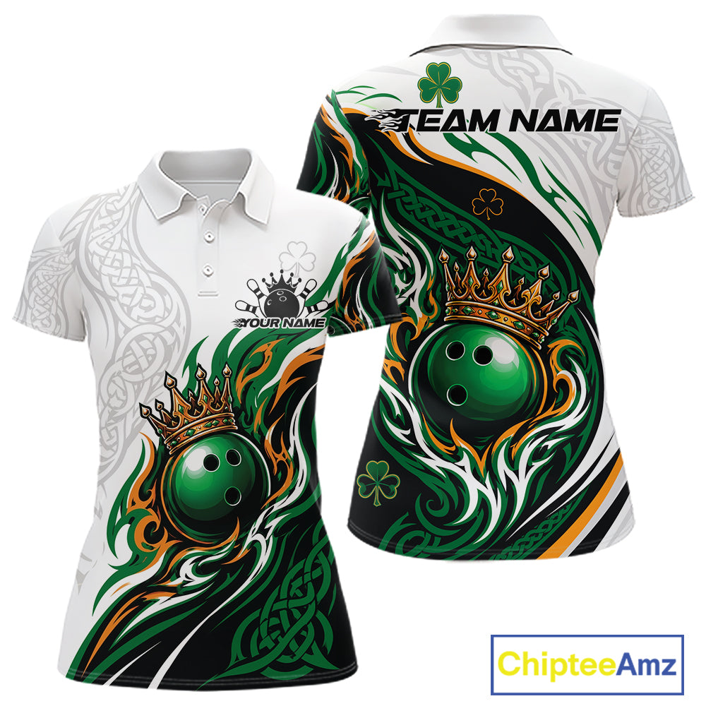 Front and back views of a short-sleeve polo shirt with a white base and a bold green, black, orange, and white graphic design featuring a bowling ball, crown, shamrock, and Celtic knot motifs.