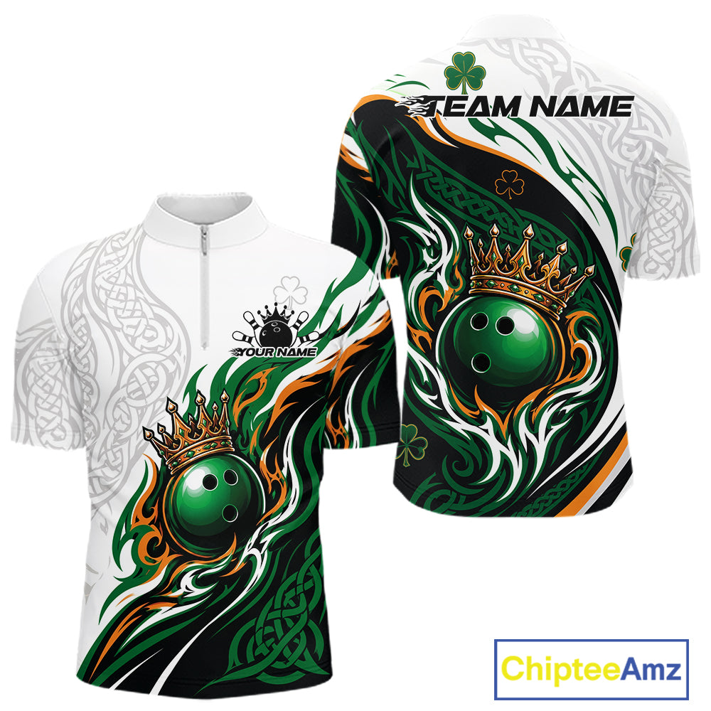 A customizable bowling-themed short-sleeve quarter zip shirt shown from both front and back. The design features a green bowling ball with a gold crown, green shamrocks, and black and orange flame-like swirls over a white base with gray Celtic knot patterns.