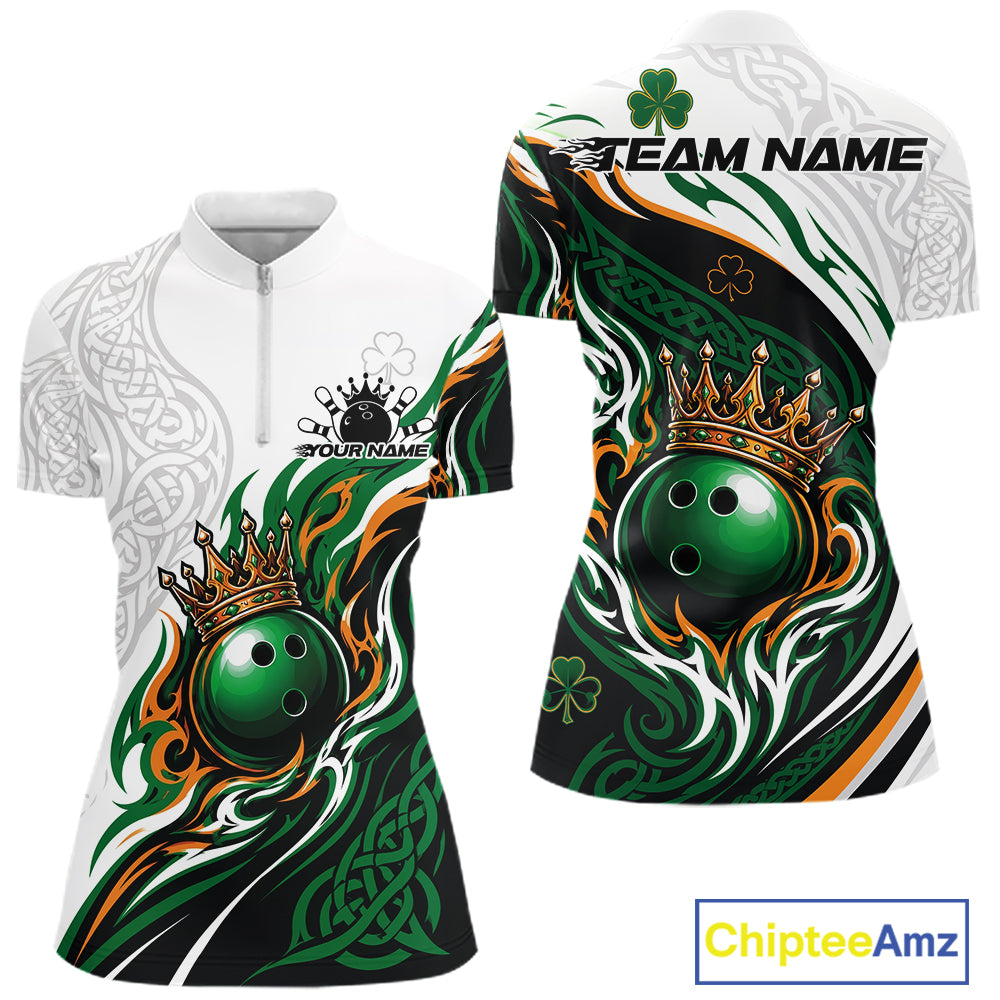Front and back views of a women's short-sleeve quarter zip shirt  with a green, black, white, and orange St. Patrick's Day bowling theme.