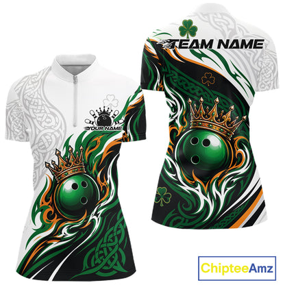 Front and back views of a women's short-sleeve quarter zip shirt  with a green, black, white, and orange St. Patrick's Day bowling theme.