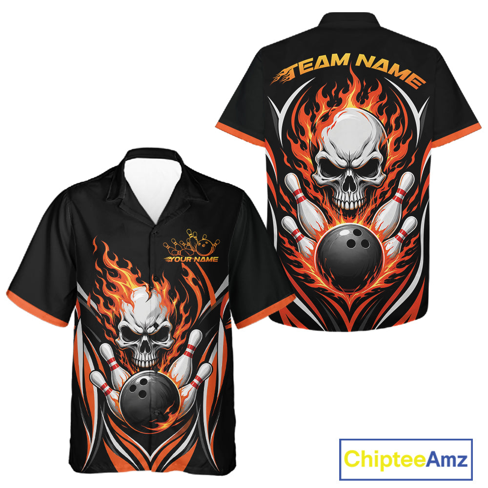 Black short-sleeve bowling-themed button up shirt shown from the front and back, featuring a large skull, flaming bowling pins, and bowling ball graphic with customizable text areas.