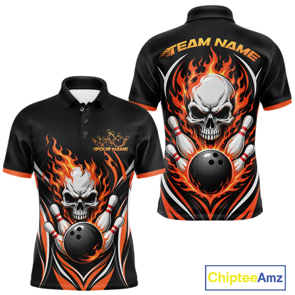 Black short-sleeve polo shirt with a bold bowling-themed graphic featuring a skull, flaming design, bowling pins, and bowling ball, shown in front and back views on a white background.