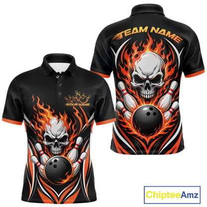 Black short-sleeve polo shirt with a bold bowling-themed graphic featuring a skull, flaming design, bowling pins, and bowling ball, shown in front and back views on a white background.