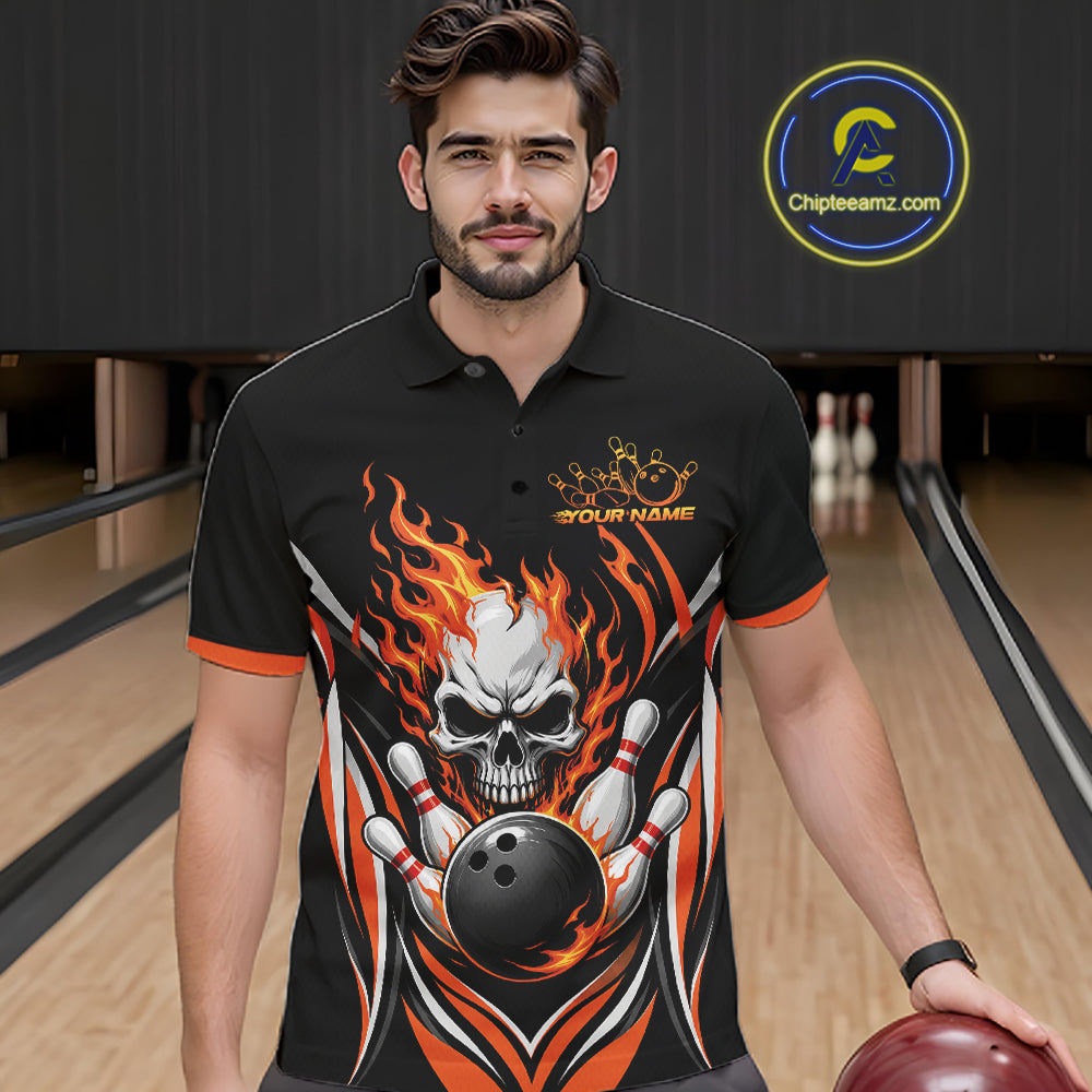 A man wearing a black short-sleeve polo shirt with a bold bowling-themed graphic featuring a skull, flaming bowling pins, and a bowling ball. 
