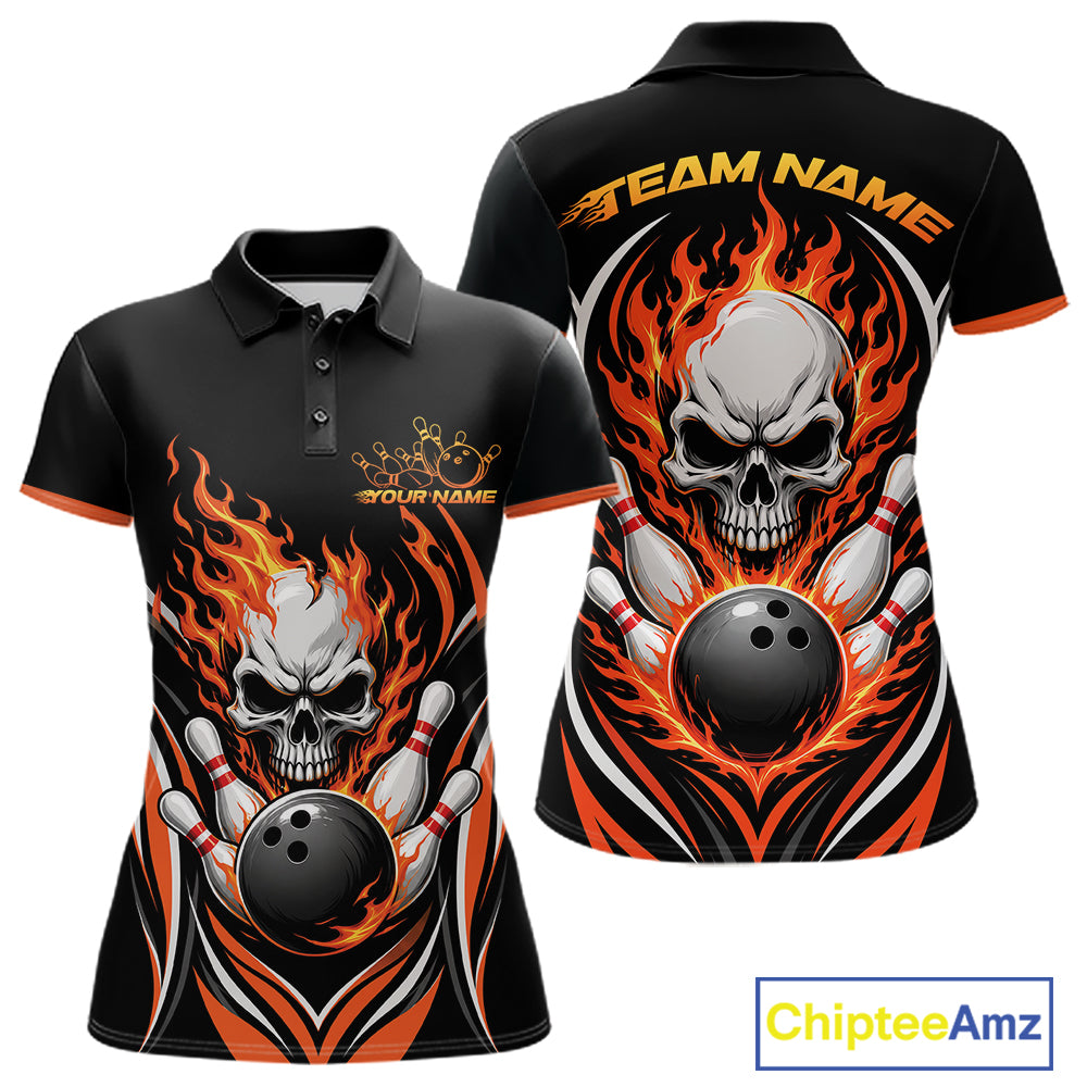 Black short-sleeve polo shirt shown from front and back with a bold bowling graphic featuring a skull, flaming orange and red flames, bowling pins, and a bowling ball.