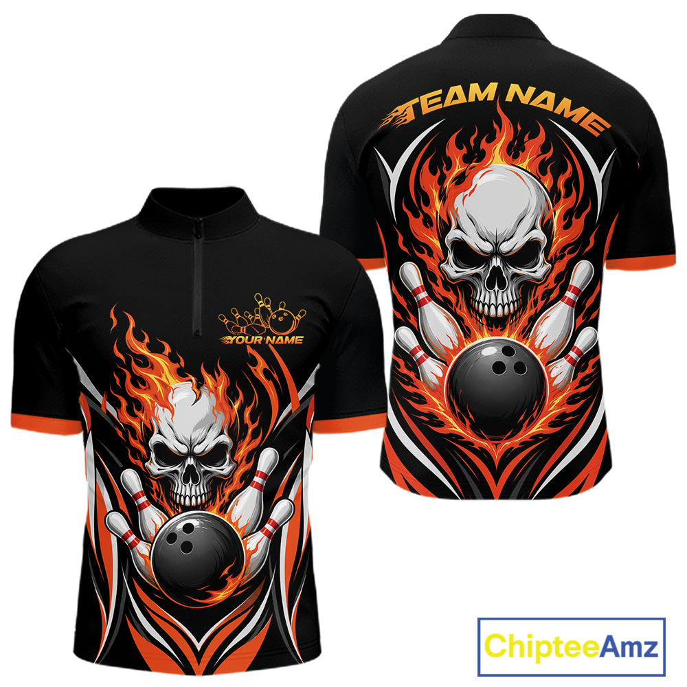 Black short-sleeve quarter zip shirt shown from the front and back, featuring a large skull, bowling pins, and flaming bowling ball graphic with orange and white flame details. The back has 'TEAM NAME' 