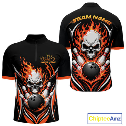 Black short-sleeve quarter zip shirt shown from the front and back, featuring a large skull, bowling pins, and flaming bowling ball graphic with orange and white flame details. The back has 'TEAM NAME' 