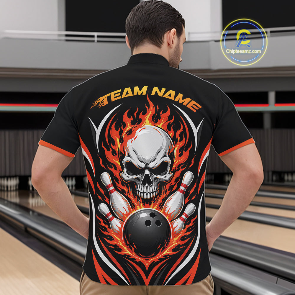 A man viewed from behind wearing a black short-sleeve bowling quarter zip shirt with a large skull, flames, bowling pins, and a bowling ball graphic on the back