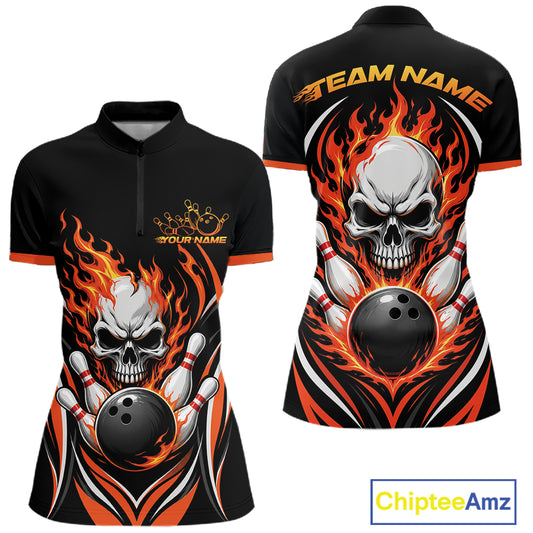 Custom Orange Flame Skull Bowling Women Quarter-Zip Shirt, Halloween Bowling Jersey IPHW11698