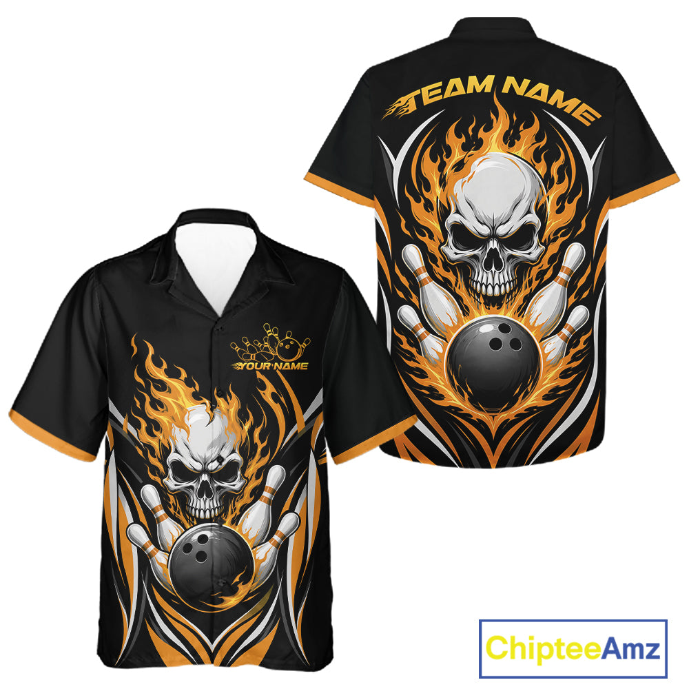 Black short-sleeve bowling-themed button up shirt shown from the front and back, featuring a large skull, flaming bowling pins, and bowling ball graphic with customizable text areas.