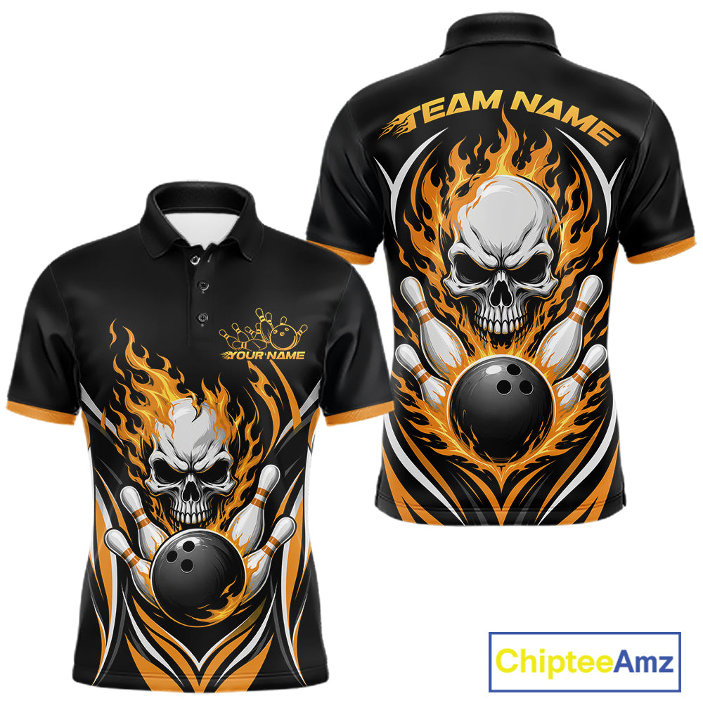 Black short-sleeve polo shirt with a bold bowling-themed graphic featuring a skull, flaming orange and yellow effects, bowling pins, and bowling balls. 