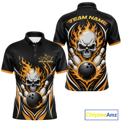 Black short-sleeve polo shirt with a bold bowling-themed graphic featuring a skull, flaming orange and yellow effects, bowling pins, and bowling balls. 