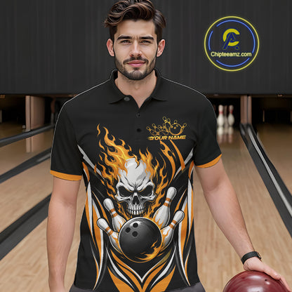 A man wearing a black short-sleeve polo shirt with a bold bowling-themed graphic featuring a skull, flaming orange and yellow flames, and bowling pins. 