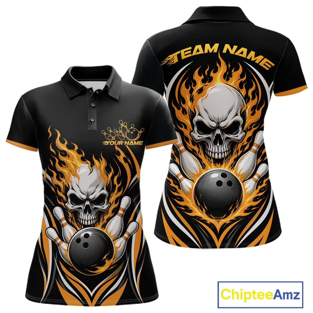 Womens black short-sleeve polo shirt shown from the front and back, featuring a large skull and bowling ball graphic surrounded by orange and yellow flames, with customizable text areas on the chest and back.
