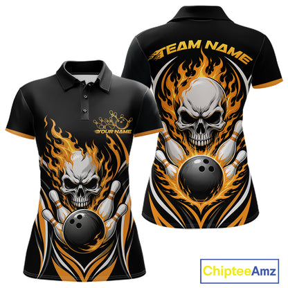 Womens black short-sleeve polo shirt shown from the front and back, featuring a large skull and bowling ball graphic surrounded by orange and yellow flames, with customizable text areas on the chest and back.