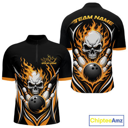 Black short-sleeve quarter-zip bowling jersey shown from the front and back, featuring a large skull, bowling pins, and orange flame graphic with customizable 'TEAM NAME' text.