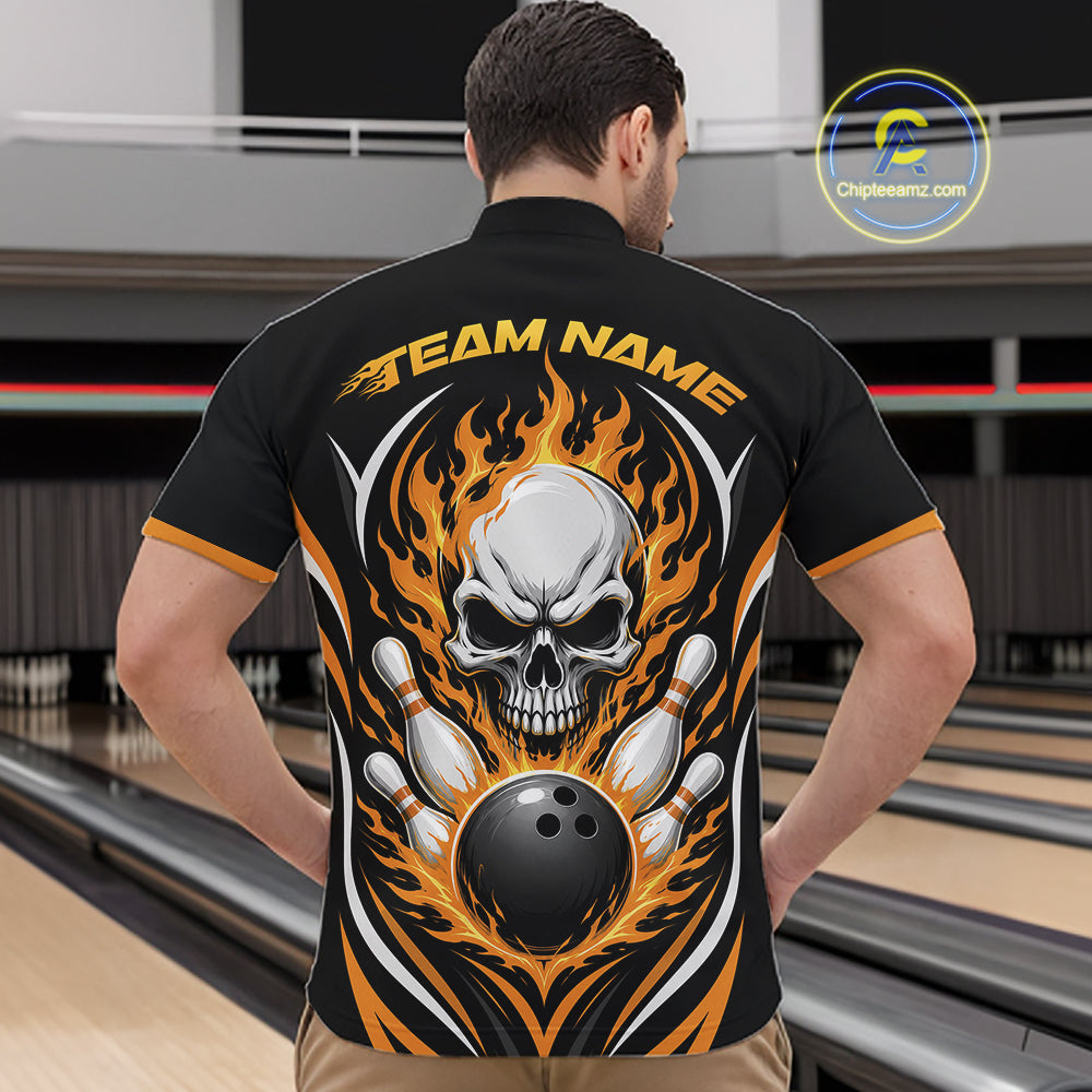 A man viewed from behind wearing a black bowling quarter zip shirt with a large skull, flame, bowling pin, and bowling ball graphic on the back, with 'TEAM NAME' printed across the shoulders. 