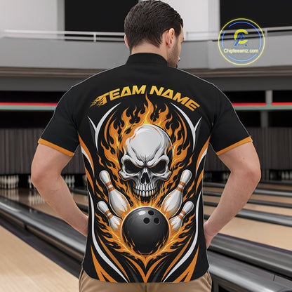 A man viewed from behind wearing a black bowling quarter zip shirt with a large skull, flame, bowling pin, and bowling ball graphic on the back, with 'TEAM NAME' printed across the shoulders. 