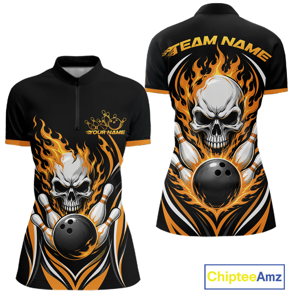 Black short-sleeve quarter zip shirt  shown from front and back, featuring a large skull and bowling ball graphic with orange and yellow flame designs. The front has a small gold crown logo and customizable text, and the back has 'TEAM NAME' 