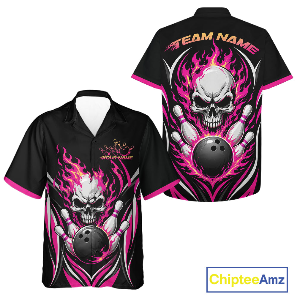 Black short-sleeve bowling-themed button up shirt shown from the front and back, featuring a large skull with bowling pins and a bowling ball surrounded by pink flames, plus customizable text areas reading TEAM NAME and YOUR NAME. A ChipteeAmz logo appears in the bottom right corner.