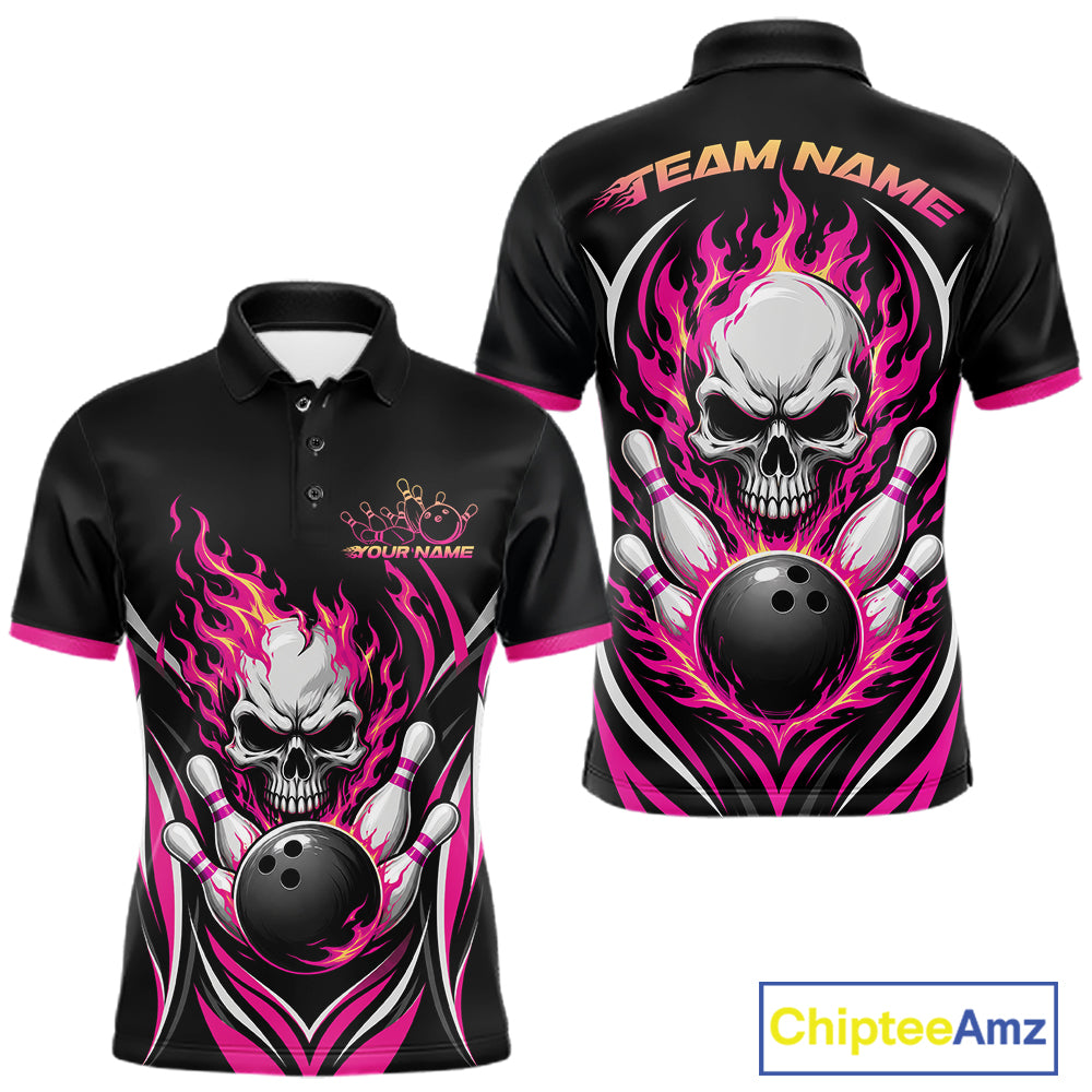 Black short-sleeve polo shirt shown from front and back with a bowling-themed skull and flame graphic in pink