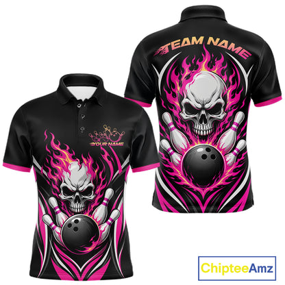 Black short-sleeve polo shirt shown from front and back with a bowling-themed skull and flame graphic in pink