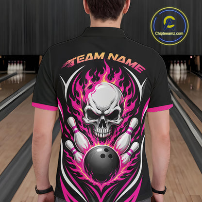 A man viewed from behind wearing a black short-sleeve polo shirt with a large bowling-themed graphic on the back. The design features a white skull, a black bowling ball, white bowling pins, and bright pink flames.