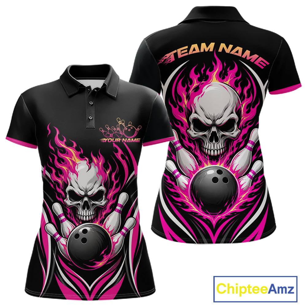 Black short-sleeve polo shirt shown from front and back with a bold bowling-themed graphic featuring a skull, bowling ball, pins, and bright pink flames. 