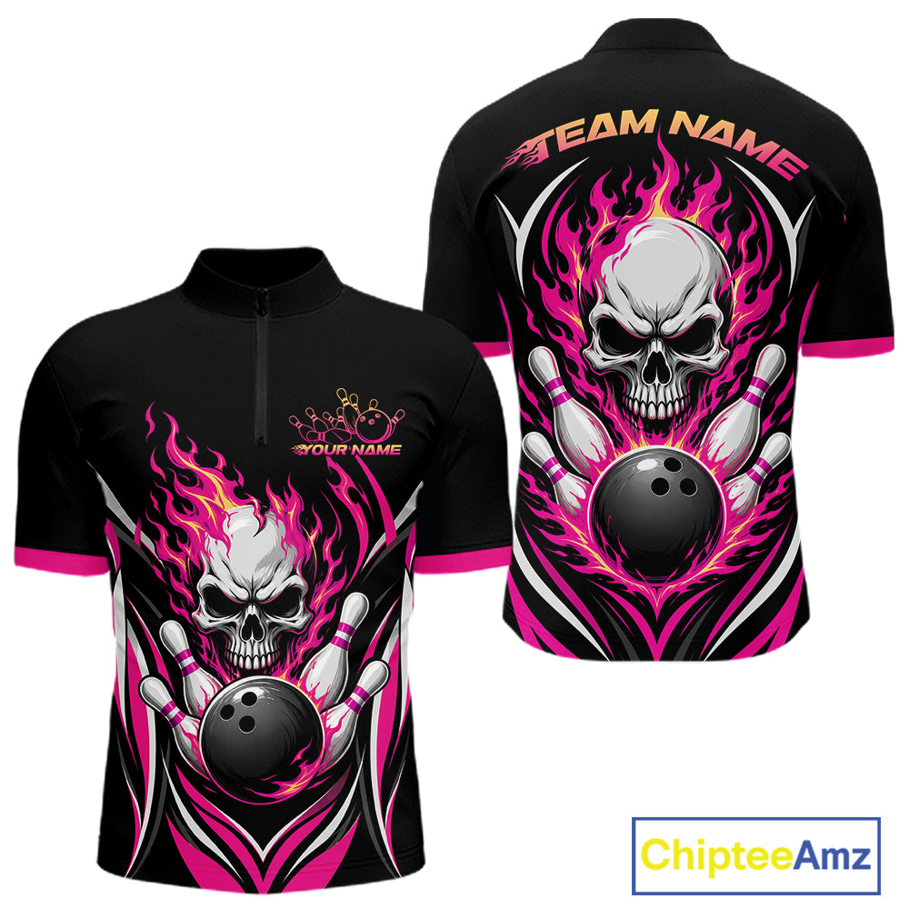 Black short-sleeve quarter zip shirt  shown from the front and back, featuring a large skull and bowling ball graphic surrounded by bright pink flames, with customizable text placeholders on the chest and upper back.
