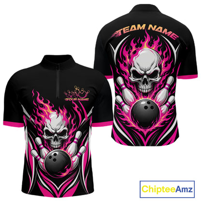 Black short-sleeve quarter zip shirt  shown from the front and back, featuring a large skull and bowling ball graphic surrounded by bright pink flames, with customizable text placeholders on the chest and upper back.