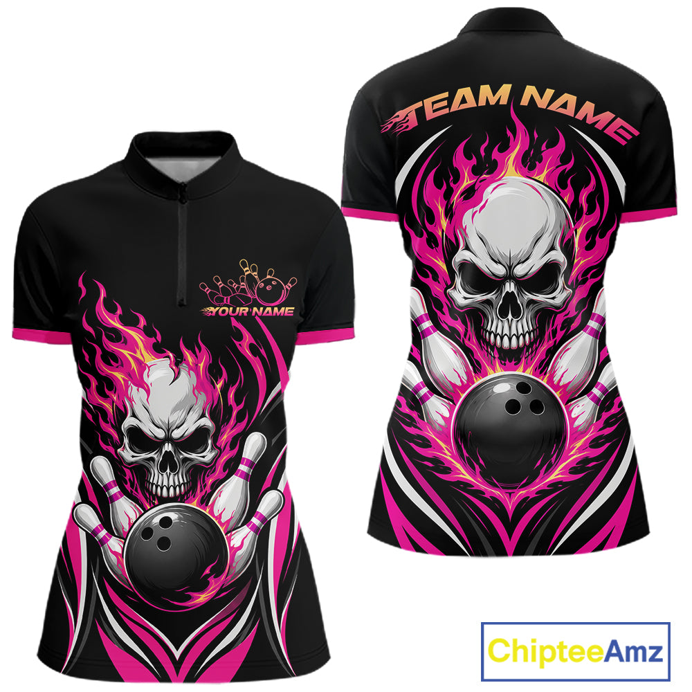 Black short-sleeve bowling-themed quarter zip shirt shown from the front and back, featuring a large white skull, pink and magenta flames, bowling pins, and bowling balls, with customizable text areas on the chest and upper back.
