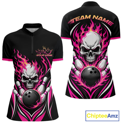 Black short-sleeve bowling-themed quarter zip shirt shown from the front and back, featuring a large white skull, pink and magenta flames, bowling pins, and bowling balls, with customizable text areas on the chest and upper back.