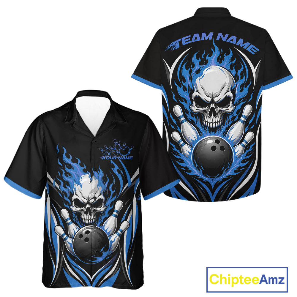 Black short-sleeve bowling-themed button up shirt shown from both front and back. Features a large skull, bowling pins, bowling ball, and blue flame graphics.