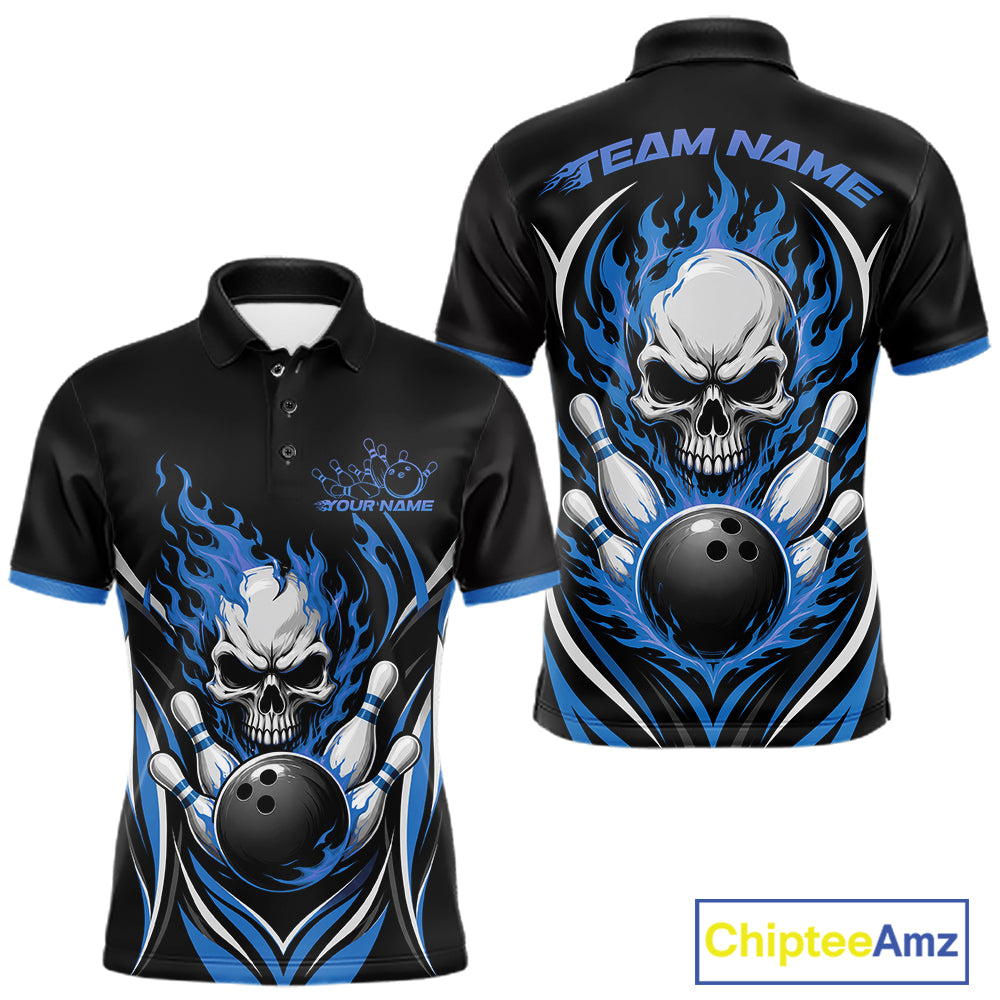 Black short-sleeve polo shirt with blue and white bowling-themed skull and flame graphics, shown from both front and back on a white background. 