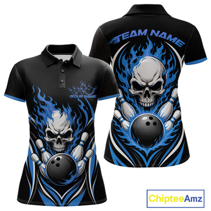 Womens Black short-sleeve polo shirt with a blue and white skull and flaming bowling ball graphic, shown in front and back views on a white background with a ChipteeAmz logo in the corner.