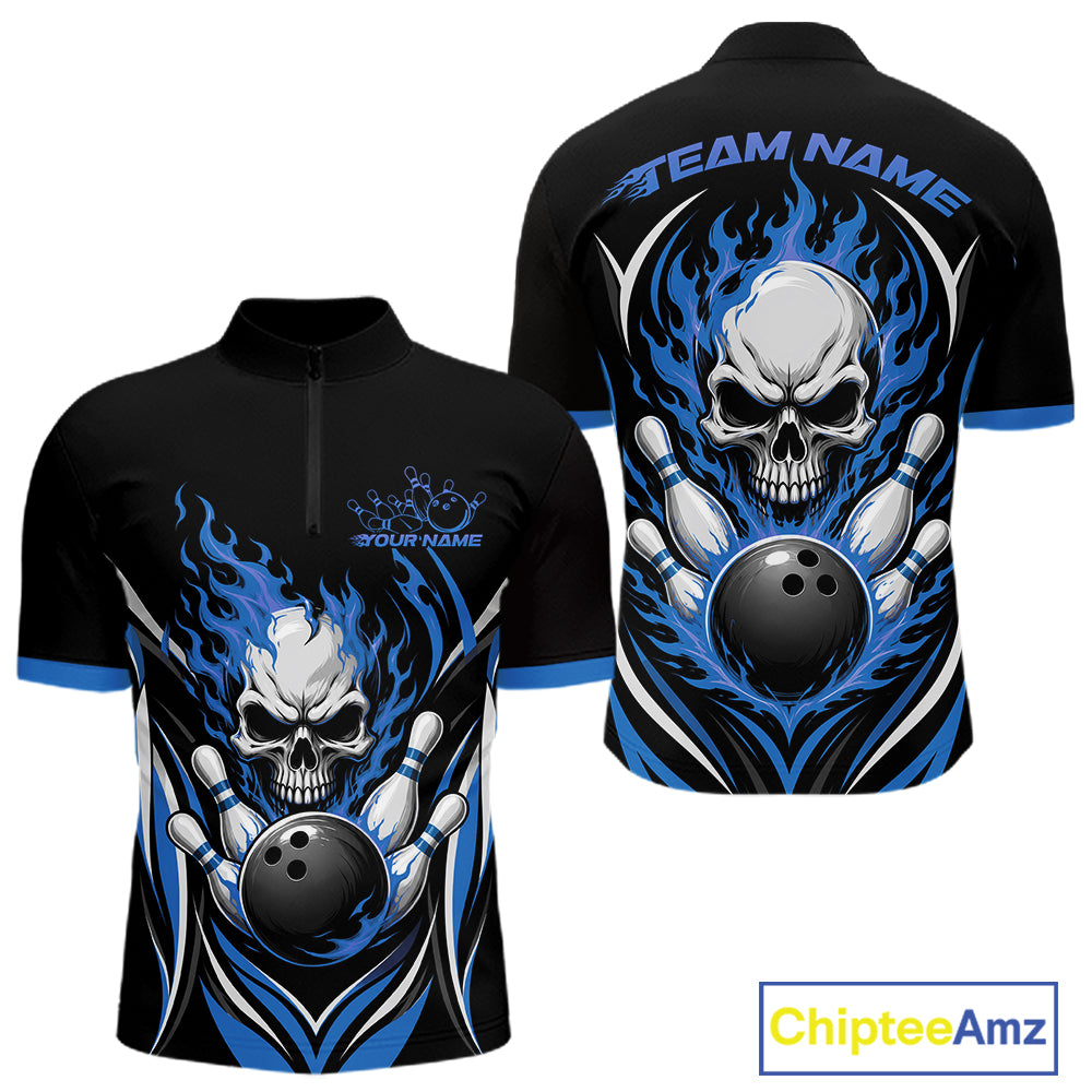 Black short-sleeve quarter-zip quarter zip shirt shown from the front and back, featuring a large skull, bowling pins, and blue flame graphic with customizable text areas.