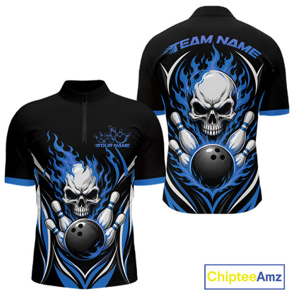 Black short-sleeve quarter-zip quarter zip shirt shown from the front and back, featuring a large skull, bowling pins, and blue flame graphic with customizable text areas.