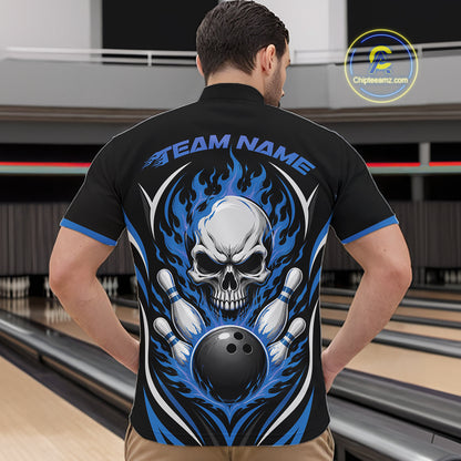 A man viewed from behind wearing a black short-sleeve bowling quarter zip shirt with a large skull, blue flames, bowling pins, and a bowling ball graphic on the back. 