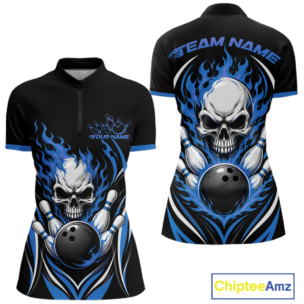 Black short-sleeve quarter zip shirt shown from front and back with a blue and white skull-and-bowling-ball flame graphic, plus customizable text areas reading TEAM NAME and YOUR NAME. 