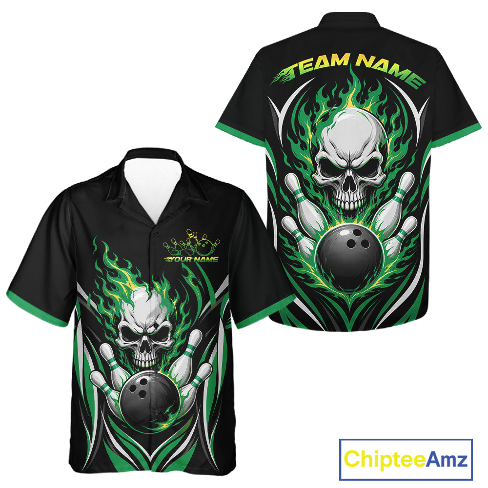 Black short-sleeve bowling-themed button up shirt shown from the front and back, featuring a large skull, bowling pins, bowling ball, and green flame graphics. 