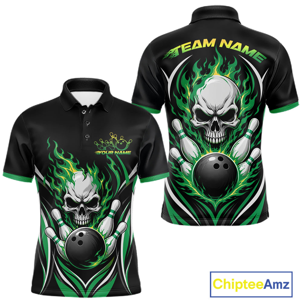 Black short-sleeve bowling-themed polo shirt shown from front and back on a white background. The shirt features a large skull with green flames, bowling pins, and bowling balls, with customizable text areas reading TEAM NAME and YOUR NAME.