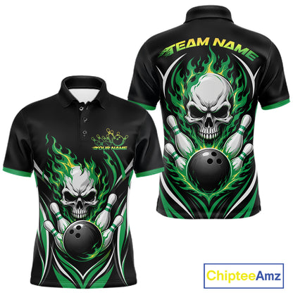 Black short-sleeve bowling-themed polo shirt shown from front and back on a white background. The shirt features a large skull with green flames, bowling pins, and bowling balls, with customizable text areas reading TEAM NAME and YOUR NAME.